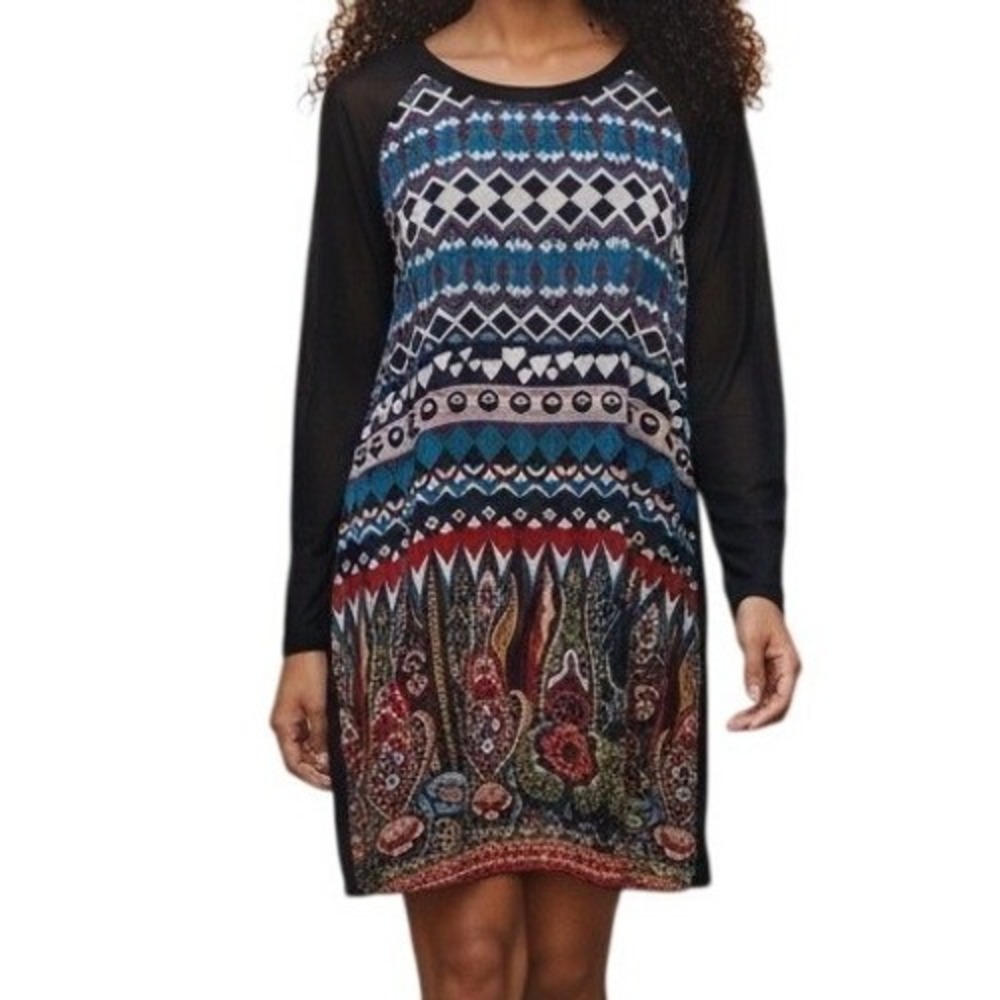 DESIGUAL Dami Black Geometric Paisley‎ Print Sheer Sleeve Dress NWT $159 12
